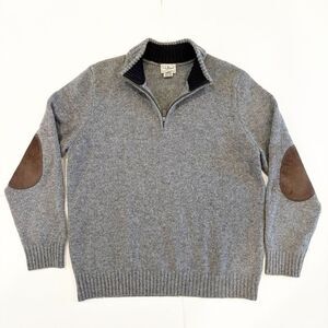 VTG L.L.Bean Elbow Patch Sweater 1/4 Zip 100% Wool Size M Grey Academicia